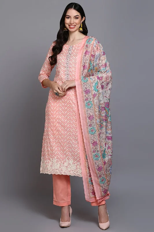 Ahika Cotton Peach Printed Straight Kurta Pant With Dupatta Casual Sweatpants Style