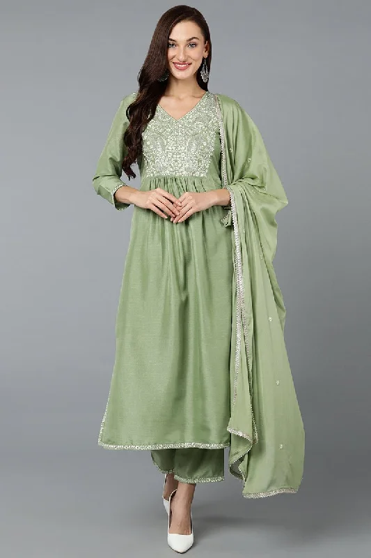 Ahika Silk Blend Sea Green Straight Kurta Pant With Dupatta Casual Track Pants