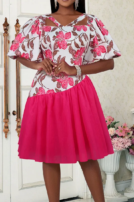 Patchwork Floral Print Rocking Cutout Detail Mini Dress Fashionable Off-Shoulder Mini Dress