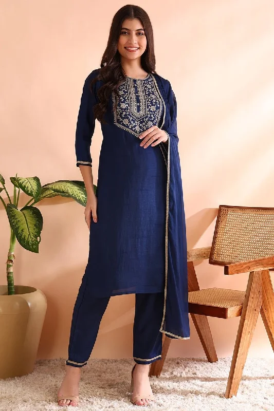 Ahika Blue Silk Blend Straight Yoke Design Kurta Pant With Dupatta Casual Sweatpants Style Ahika Blue Silk Blend Straight Yoke Design Kurta Pant With Dupatta Casual Sweatpants Style