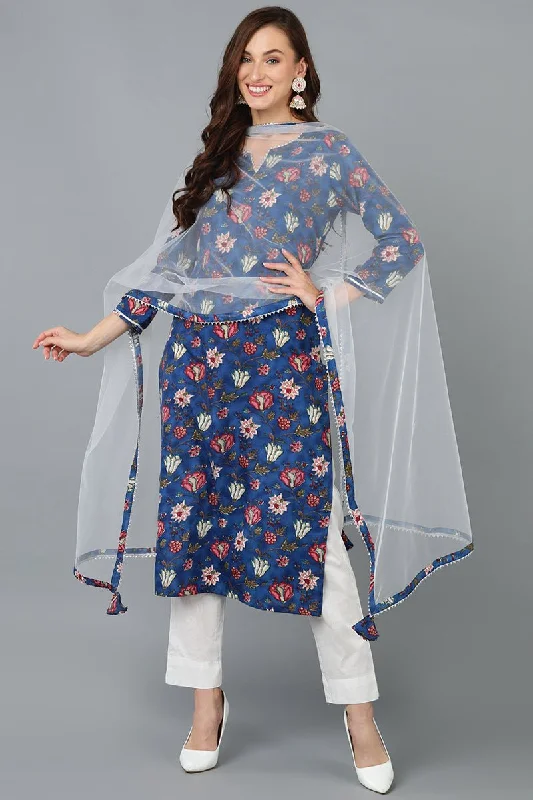 Ahika Blue Rayon Blend Printed Kurta Pant With Dupatta Fashionable Track Pants