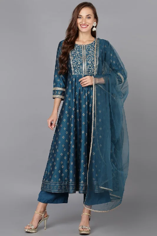 Ahika Blue Silk Blend Anarkali Kurta Pant With Dupatta Slim-Fit Leggings