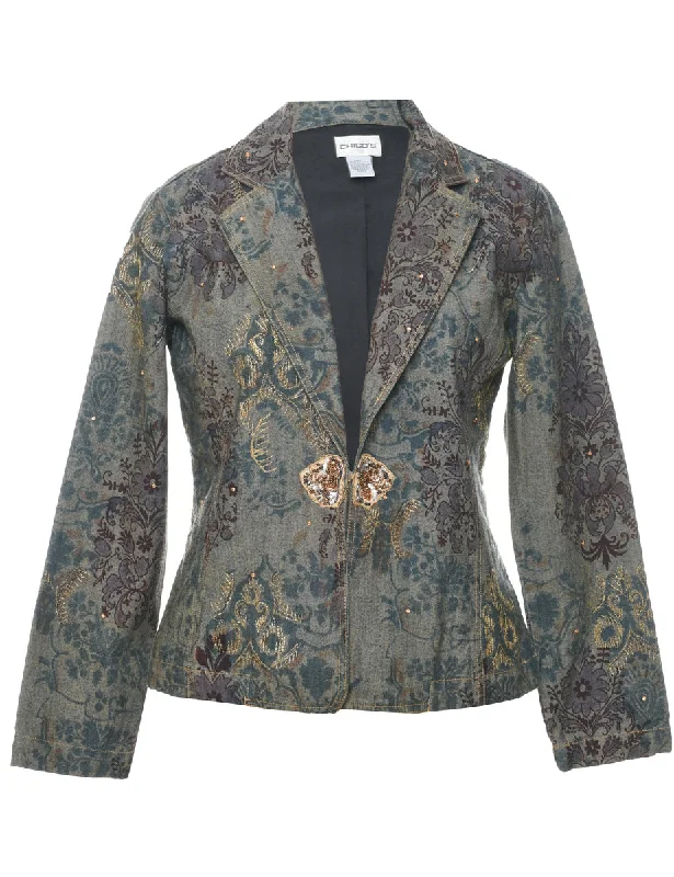 Floral Pattern Denim Jacket - S Faux Fur Jacket Real Fur Jacket Shearling Jacket