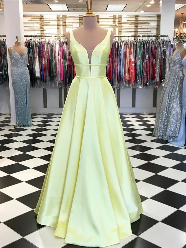 A Line V Neck Yellow Prom Dresses, Yellow V Neck Formal Graduation Evening Dresses
