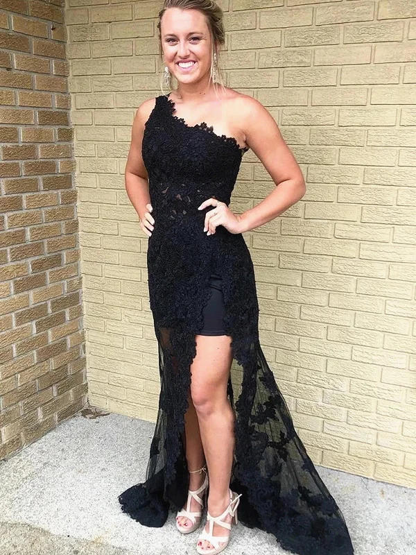 Elegant One Shoulder Black Lace Prom Dresses, One Shoulder Long Black Lace Formal Evening Dresses Elegant One Shoulder Black Lace Prom Dresses, One Shoulder Long Black Lace Formal Evening Dresses