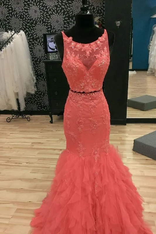 Scoop Neck Prom Dresses Mermaid Tulle With Applique Zipper Up