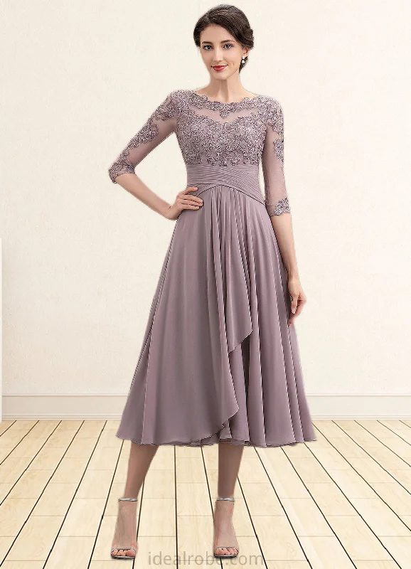 Scarlett A-Line Scoop Neck Tea-Length Chiffon Lace Mother of the Bride Dress With Cascading Ruffles STK126P0014780 Scarlett A-Line Scoop Neck Tea-Length Chiffon Lace Mother of the Bride Dress With Cascading Ruffles STK126P0014780