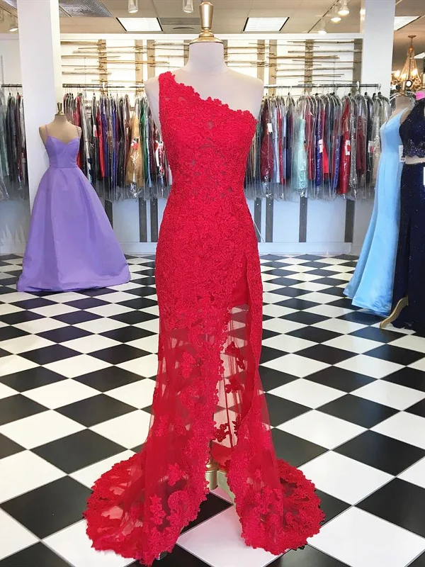 One Shoulder Red Lace Prom Dresses Long, Red Long Formal Evening Graduation Dresses