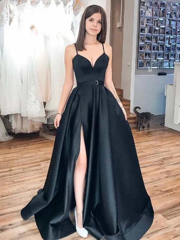 V Neck Black Satin Prom Dresses, Black Long Formal Evening Graduation Dresses