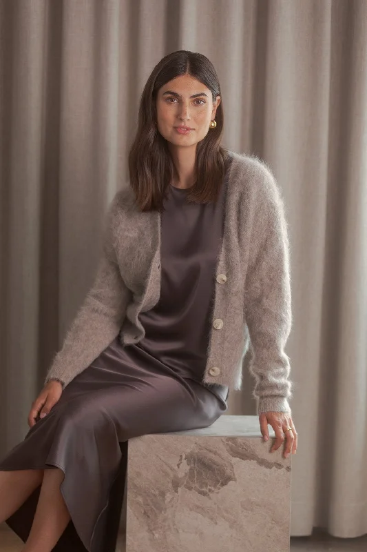 Alia Alpaca Blend Button Cardigan  Greige Elasticated Padded Insulated