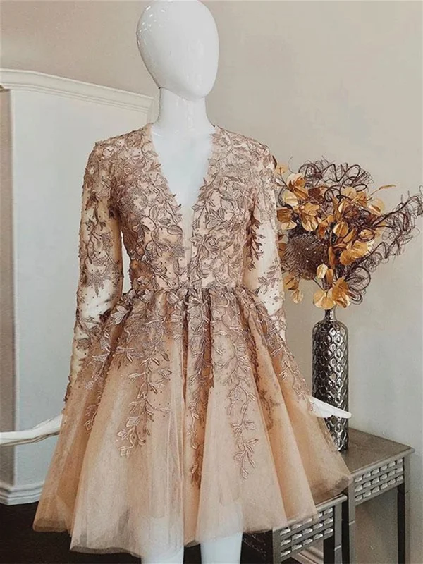V Neck Long Sleeves Champagne Lace Prom Dresses, Long Sleeves Champagne Lace Formal Graduation Dresses V Neck Long Sleeves Champagne Lace Prom Dresses, Long Sleeves Champagne Lace Formal Graduation Dresses