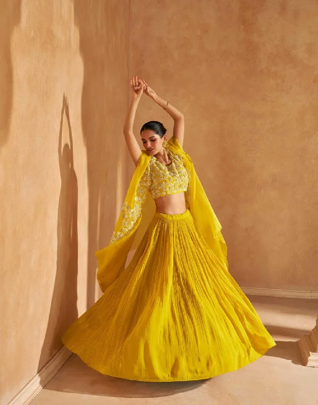Elegant Yellow Chinon Silk Jacket Style Lehenga Choli Front Pockets Side Pockets Patch Pockets Elegant Yellow Chinon Silk Jacket Style Lehenga Choli Front Pockets Side Pockets Patch Pockets