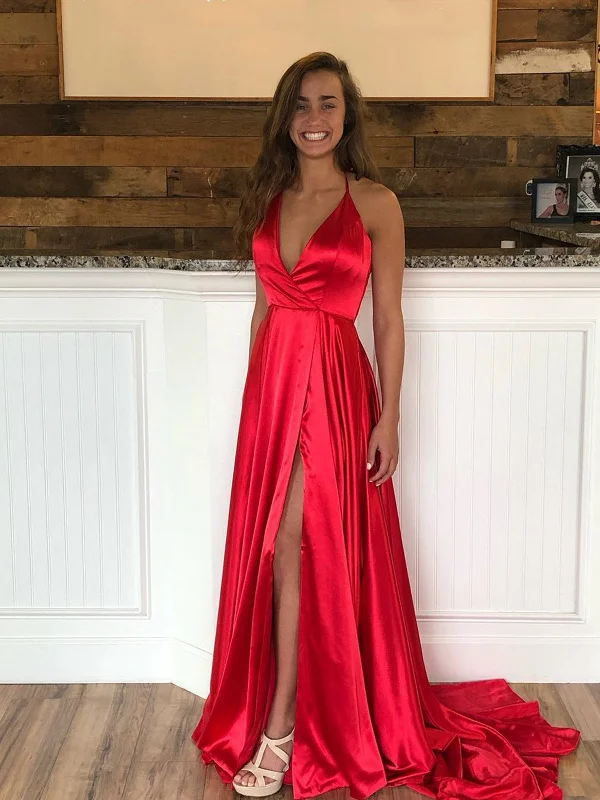 A Line Halter Neck Red Prom Dresses with Leg Slit, Halter Neck Red Open Back Formal Graduation Evening Dresses A Line Halter Neck Red Prom Dresses with Leg Slit, Halter Neck Red Open Back Formal Graduation Evening Dresses