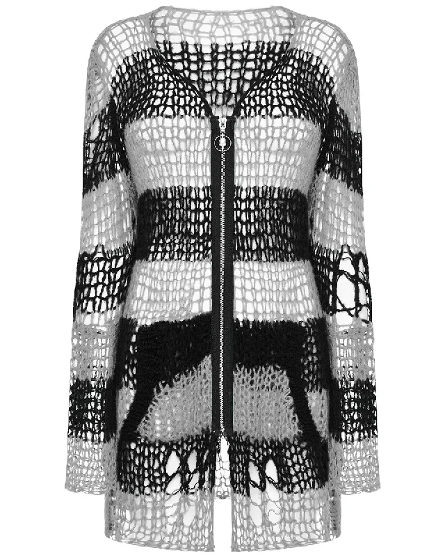 Punk Rave Womens Gothic Striped Shredded Cardigan Sweater - White & Black Lightweight Heavyweight Midweight Punk Rave Womens Gothic Striped Shredded Cardigan Sweater - White & Black Lightweight Heavyweight Midweight