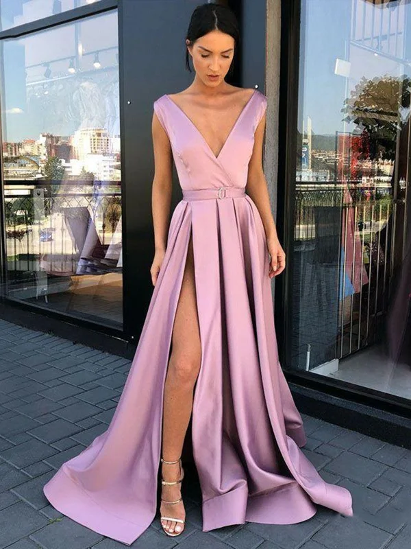 A Line V Neck Light Purple High Slit Prom Dresses, V Neck Formal Graduation Evening Dresses with High Slit A Line V Neck Light Purple High Slit Prom Dresses, V Neck Formal Graduation Evening Dresses with High Slit