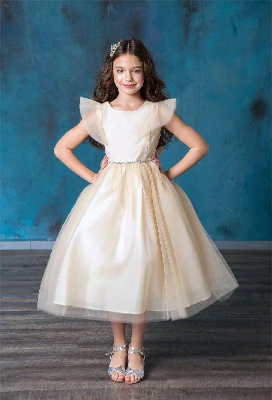 Short Ruffle Sleeves Beaded Flower Girl Dress