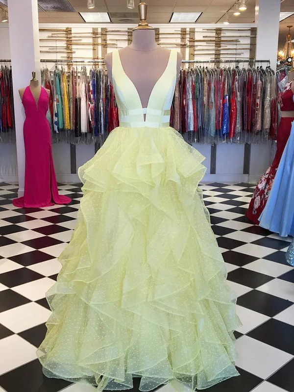 A Line V Neck Yellow Prom Gown, Yellow V Neck Prom Dresses, Formal Graduation Evening Dresses A Line V Neck Yellow Prom Gown, Yellow V Neck Prom Dresses, Formal Graduation Evening Dresses