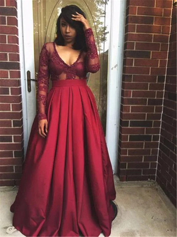 Long Sleeves Burgundy Lace Prom Dresses, Long Sleeves Wine Red V Neck Formal Evening Dresses