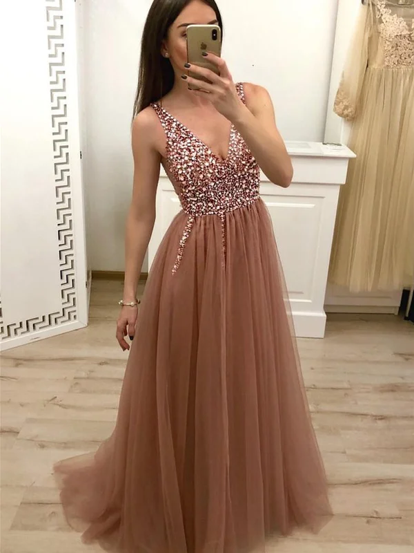 A Line V Neck Beaded Champagne Tulle Prom Dresses with Corset Back, Beaded Champagne Formal Evening Dress with Corset Back A Line V Neck Beaded Champagne Tulle Prom Dresses with Corset Back, Beaded Champagne Formal Evening Dress with Corset Back