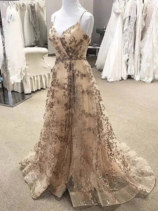 Spaghetti Straps Sweetheart Neck Champagne Long Lace Prom Dresses, Champagne Long Formal Evening Dresses Spaghetti Straps Sweetheart Neck Champagne Long Lace Prom Dresses, Champagne Long Formal Evening Dresses