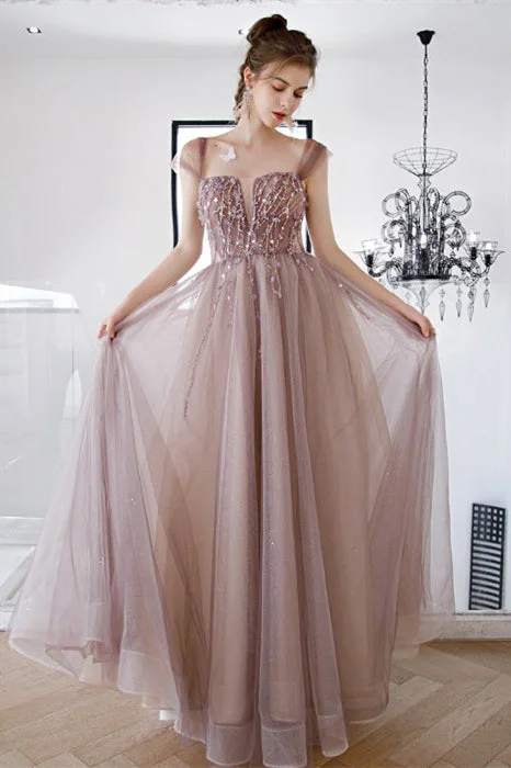 A-Line Cap Sleeve Beaded Dusty Rose Prom Dress