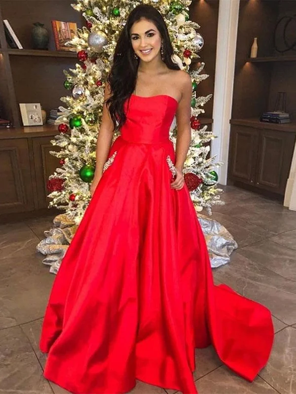 Custom Made Red Satin Prom Dresses with Pockets, Red Formal Dresses, Evening Dresses Custom Made Red Satin Prom Dresses with Pockets, Red Formal Dresses, Evening Dresses