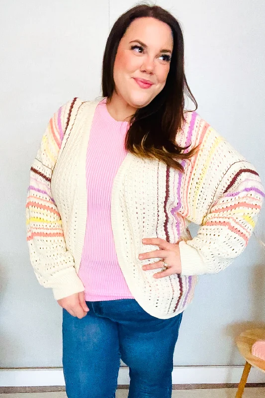 Easy Living Oatmeal Multicolor Stripe Dolman Crochet Cardigan Chenille Brocade Lace