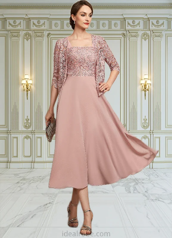 Lucy A-Line Square Neckline Tea-Length Chiffon Lace Mother of the Bride Dress With Beading Sequins STK126P0014789 Lucy A-Line Square Neckline Tea-Length Chiffon Lace Mother of the Bride Dress With Beading Sequins STK126P0014789