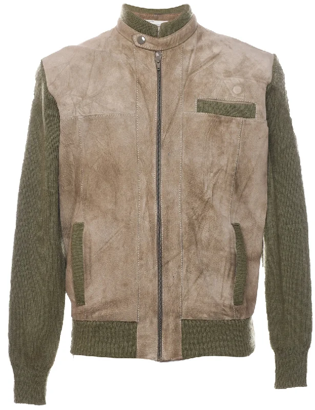 Light Green & Light Brown Contrast Suede Knit Jacket - M Denim Fabric Leather Fabric Suede Fabric