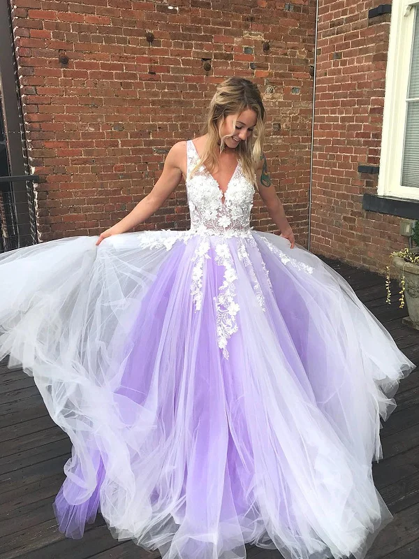 V Neck Purple Lace Prom Dresses, V Neck Purple Lace Formal Evening Dresses