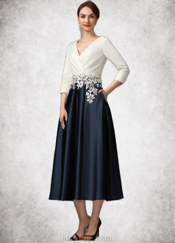 Mia A-Line V-neck Tea-Length Satin Mother of the Bride Dress With Ruffle Appliques Lace Pockets STK126P0014778 Mia A-Line V-neck Tea-Length Satin Mother of the Bride Dress With Ruffle Appliques Lace Pockets STK126P0014778