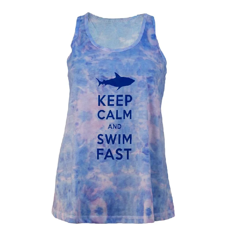 Shark Keep Calm and Swim Fast Juniors Tie Dye Tank Top graphic tank top