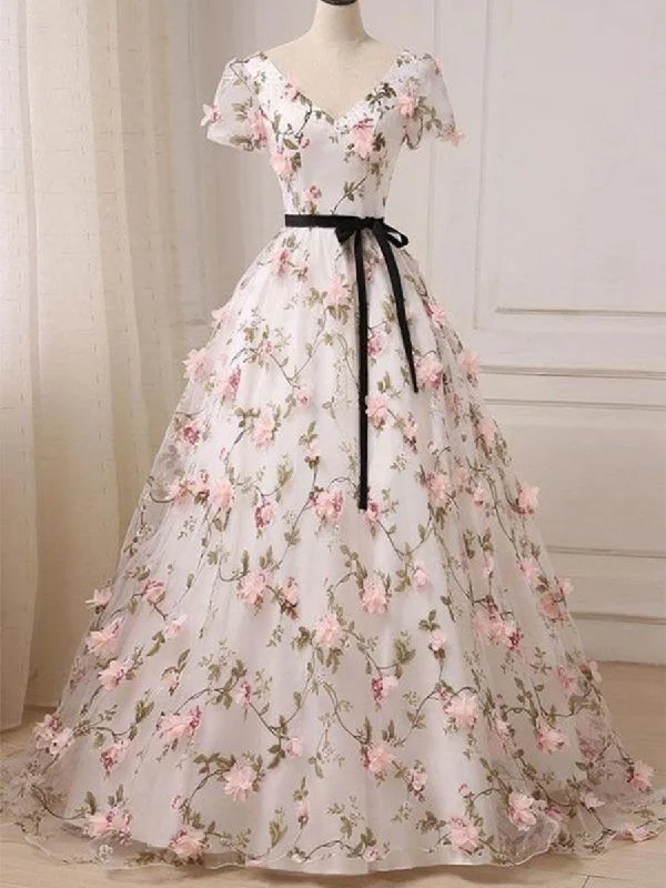 Custom Made V Neck Short Sleeves 3D Flower Prom Dresses, 3D Flower Graduation Dresses, Formal Dresses Custom Made V Neck Short Sleeves 3D Flower Prom Dresses, 3D Flower Graduation Dresses, Formal Dresses