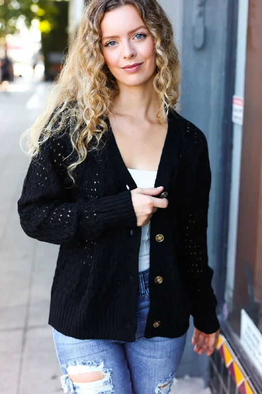 Follow Me Black Pointelle Knit Button Down Cardigan Chenille Blend Fleece Blend Nylon Blend Follow Me Black Pointelle Knit Button Down Cardigan Chenille Blend Fleece Blend Nylon Blend