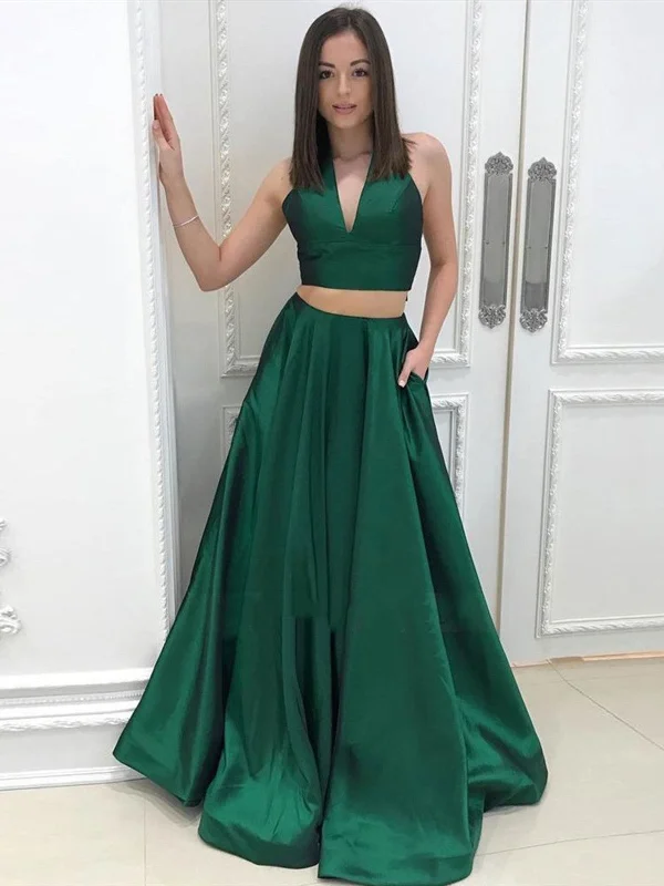 A Line Halter Neck 2 Pieces Green Prom Dresses with Pocket, 2 Pieces Green V Neck Formal Evening Dresses A Line Halter Neck 2 Pieces Green Prom Dresses with Pocket, 2 Pieces Green V Neck Formal Evening Dresses