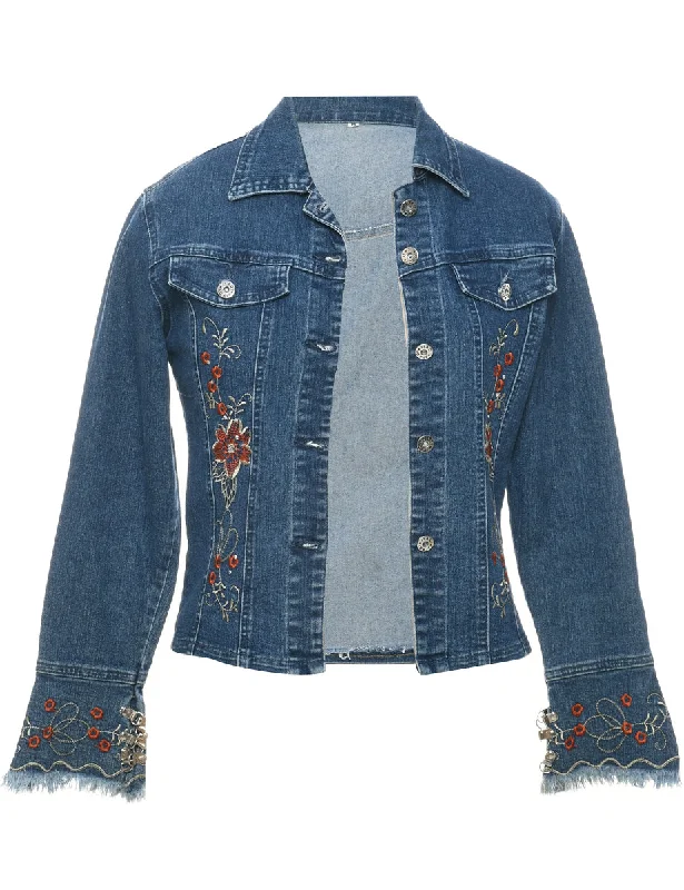 Floral Pattern Denim Jacket - M Anorak Shell Jacket Lightweight Jacket