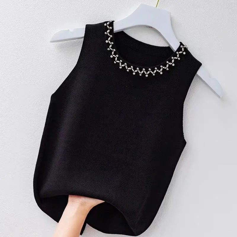 Fashion Black and White Knitted Sleeveless Tank Tops print tank top