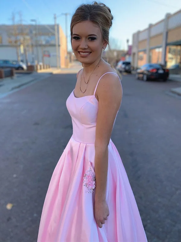 Pink Satin Prom Dress with Pockets, Pink Satin Long Formal Evening Dresses