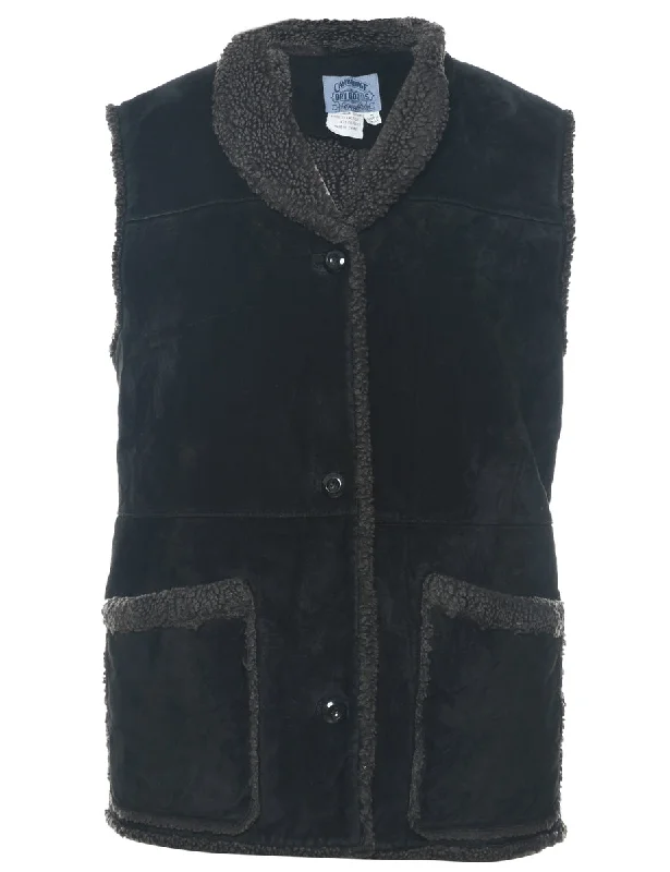 Black Shearling Suede Jacket - M Notch Collar Jacket Peter Pan Collar Jacket Cowl Neck Jacket