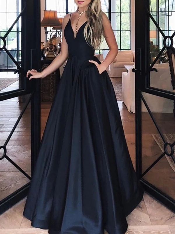 A Line V Neck Black Long Satin Prom Dresses, Black Satin Formal Evening Dresses