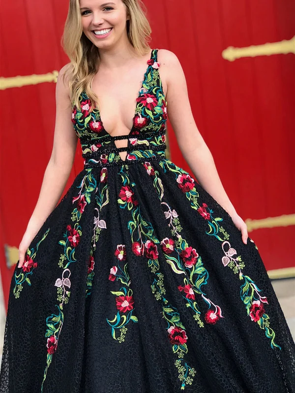A Line V Neck Open Back Black Beaded Lace Prom Dresses, V Neck Floor Length Beaded Evening Graduation Formal Dresses A Line V Neck Open Back Black Beaded Lace Prom Dresses, V Neck Floor Length Beaded Evening Graduation Formal Dresses