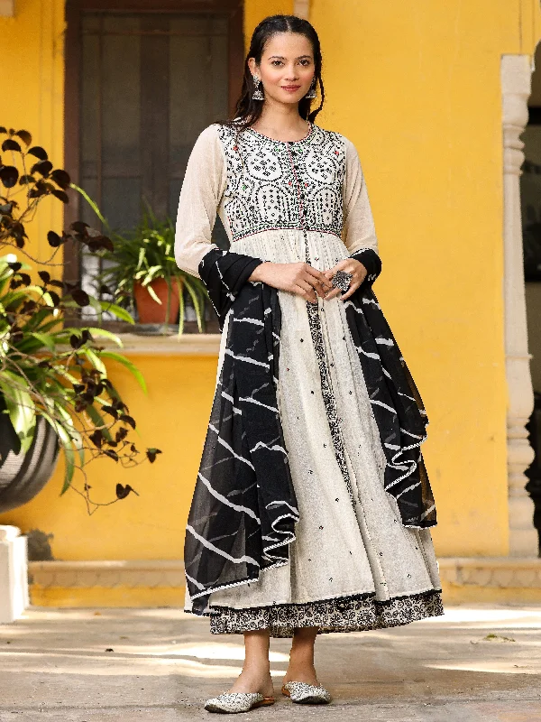 Juniper Off-White & Black Cotton Embroidered Anarkali Dress With Jacket & Tie-Dye Dupatta Notch Collar Peter Pan Collar Cowl Neck Juniper Off-White & Black Cotton Embroidered Anarkali Dress With Jacket & Tie-Dye Dupatta Notch Collar Peter Pan Collar Cowl Neck