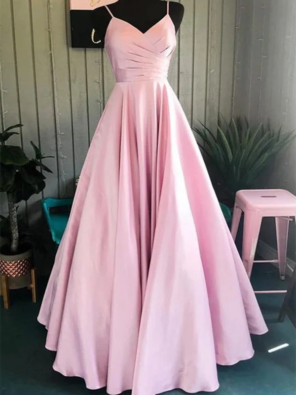 A Line V Neck Pink Spaghetti Straps Satin Long Prom Dresses, Pink Long Formal Evening Graduation Dresses A Line V Neck Pink Spaghetti Straps Satin Long Prom Dresses, Pink Long Formal Evening Graduation Dresses