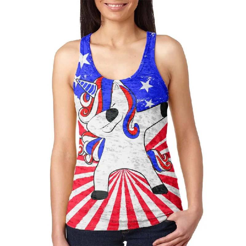 4th of July Dabbing Unicorn Americorn Juniors Burnout Racerback Tank Top spandex blend tank