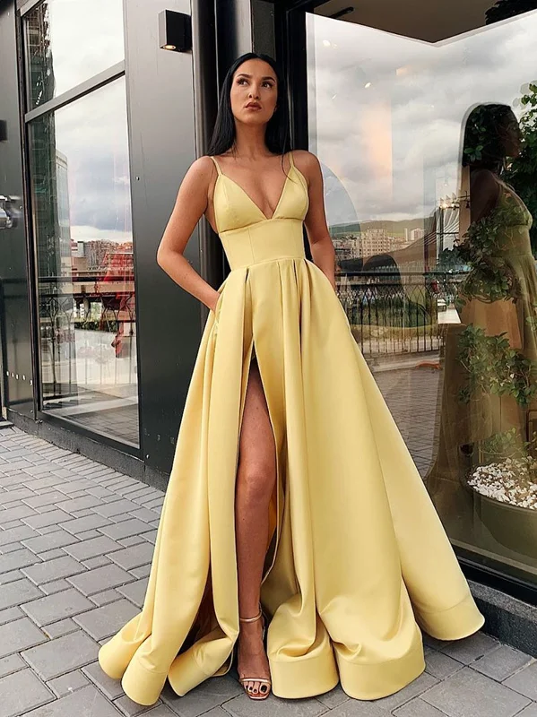 A Line V Neck Open Back Yellow Prom Dress with Leg Slit, Yellow V Neck High Slit Formal Graduation Dresses A Line V Neck Open Back Yellow Prom Dress with Leg Slit, Yellow V Neck High Slit Formal Graduation Dresses