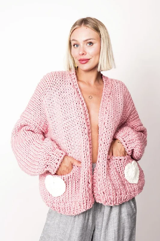Hand Made Heart Cardigan Pink Welt Pockets Slit Pockets Flap Pockets