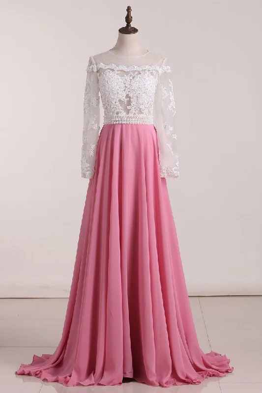 Scoop Long Sleeves Chiffon Evening Dresses A Line With Applique And Beads