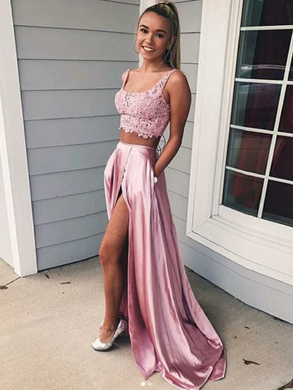 2 Pieces Pink Lace Prom Dresses, Two Pieces Pink Lace Formal Graduation Evening Dresses 2 Pieces Pink Lace Prom Dresses, Two Pieces Pink Lace Formal Graduation Evening Dresses