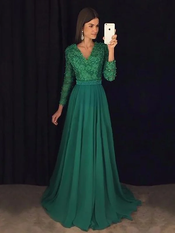 A Line V Neck Emerald Green Long Sleeves Prom Dress, Green Formal Dress, Graduation Dress A Line V Neck Emerald Green Long Sleeves Prom Dress, Green Formal Dress, Graduation Dress