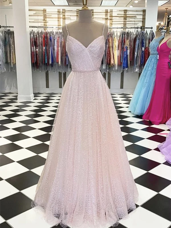 Shiny A Line V Neck Pink Long Prom Dresses, Pink Long Formal Evening Dresses